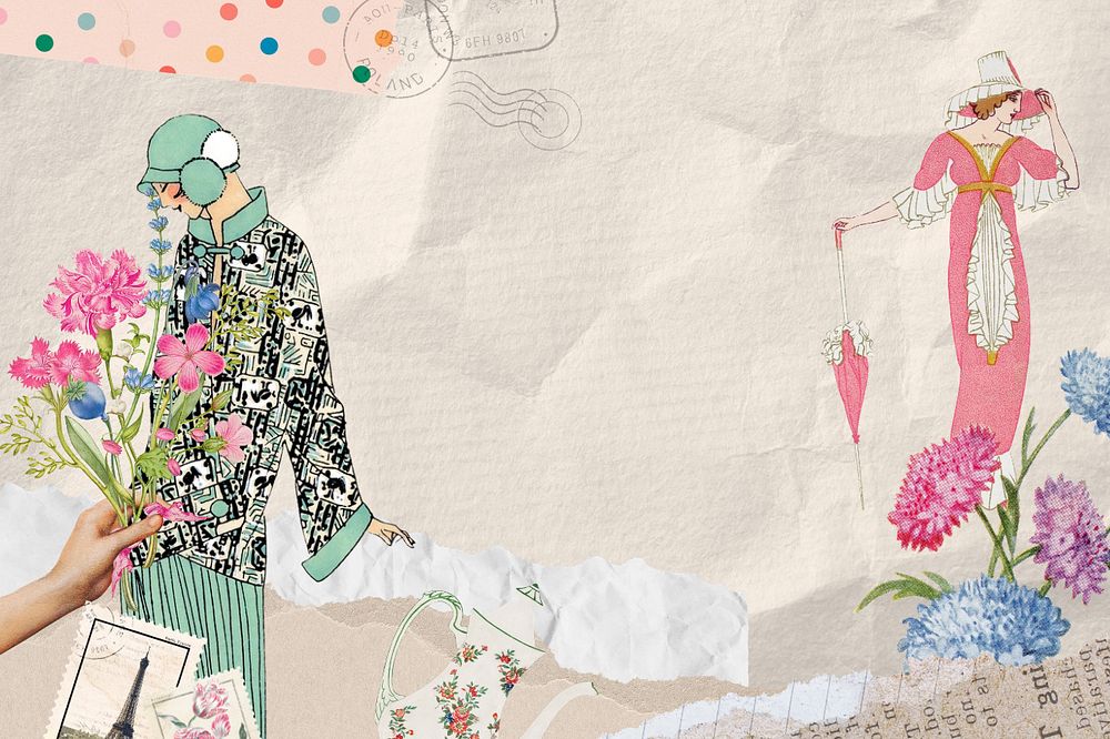 Vintage lady ephemera background, mixed media illustration