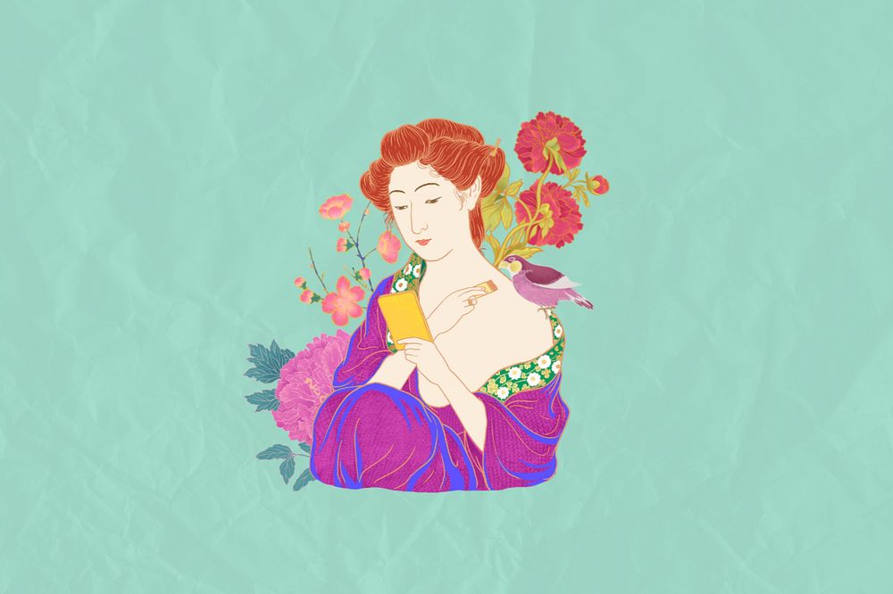 Editable aesthetic vintage Japanese woman, ukiyo-e remix