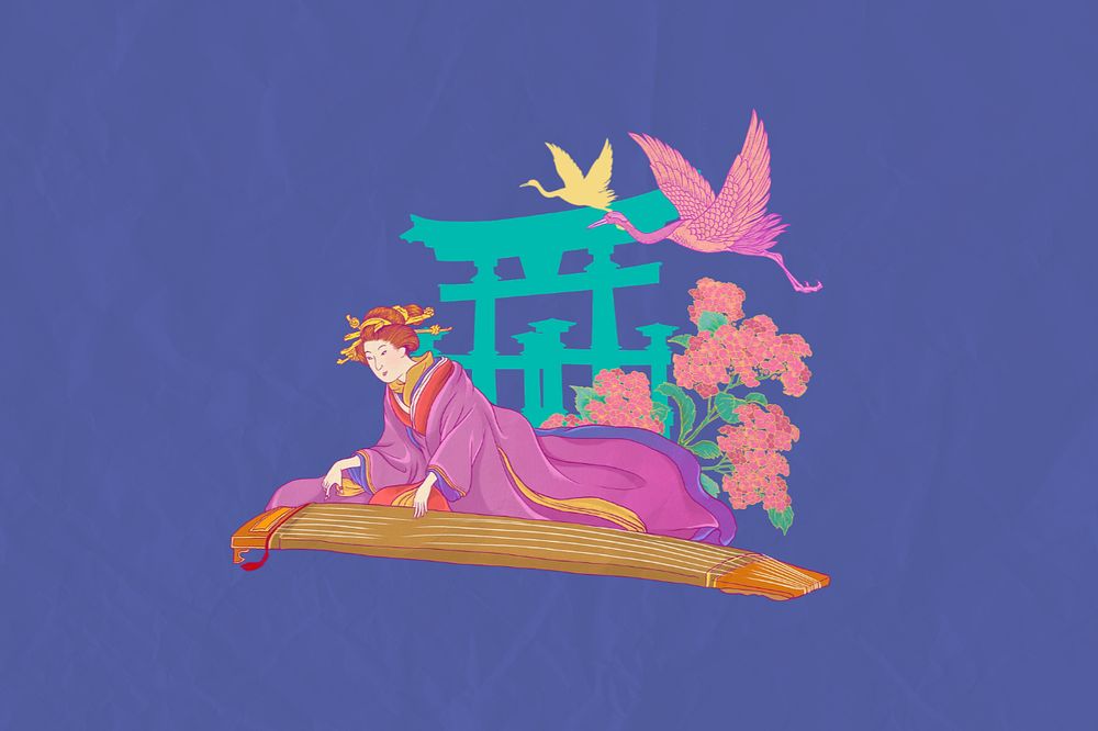 Customizable vintage Japanese woman playing koto, ukiyo-e remix