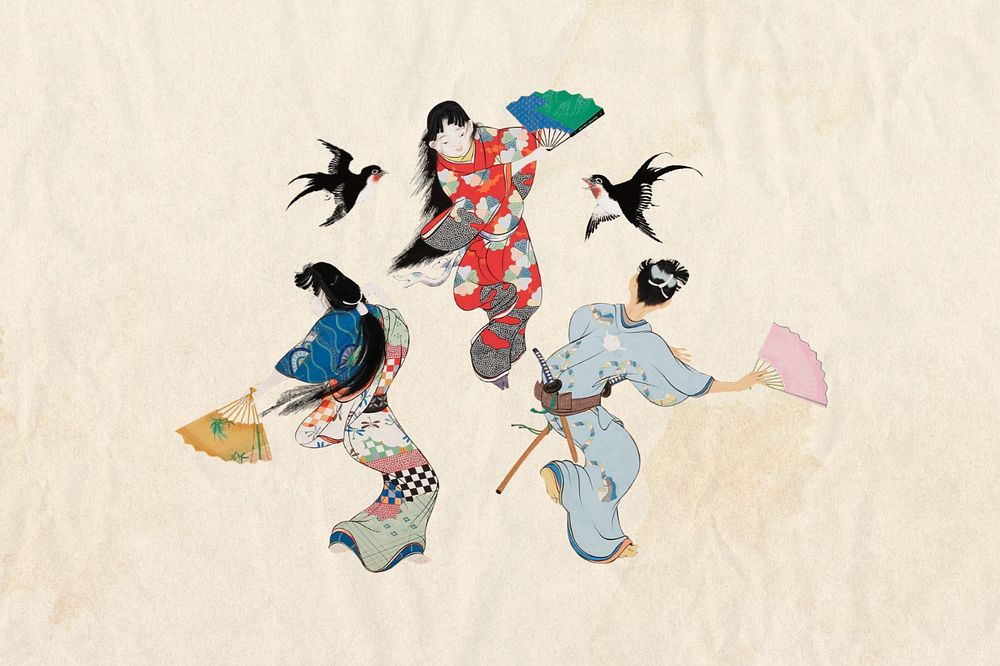 Editable vintage Japanese traditional dance, female performer ukiyo-e remix