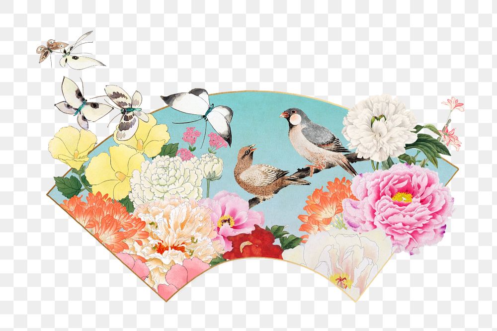 Hokusai's birds fan editable element, Japanese flower illustration