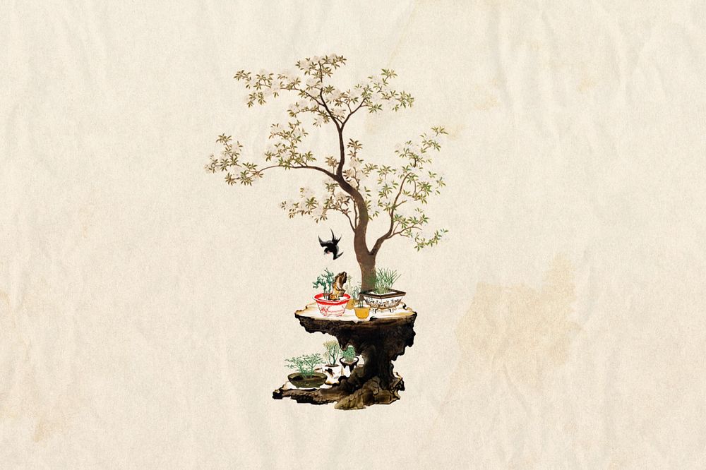 Editable vintage Japanese bonsai, ukiyo-e remix design