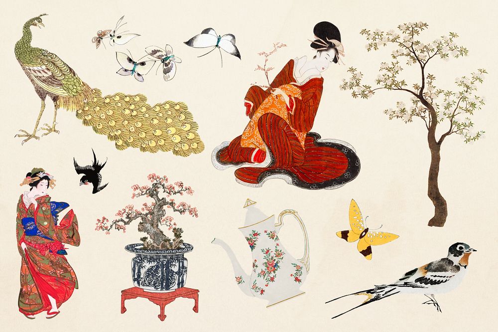 Japanese aesthetic women, flowers collage element  editable set