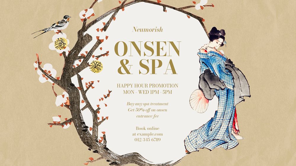 Japanese onsen blog banner template, editable Ukiyo-e art remix design