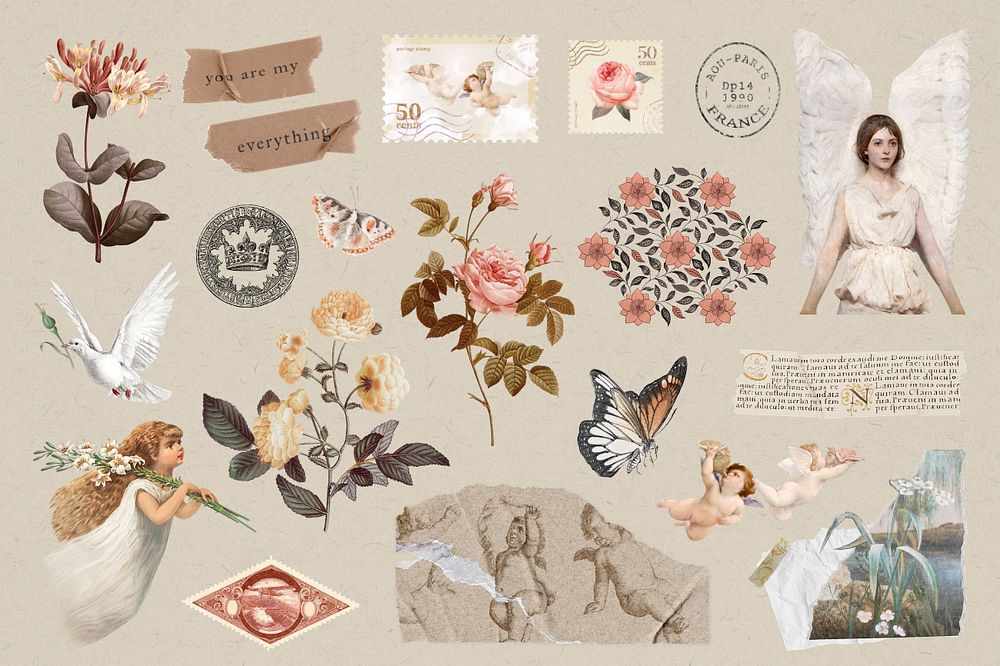 Vintage ephemera angel set, aesthetic designs