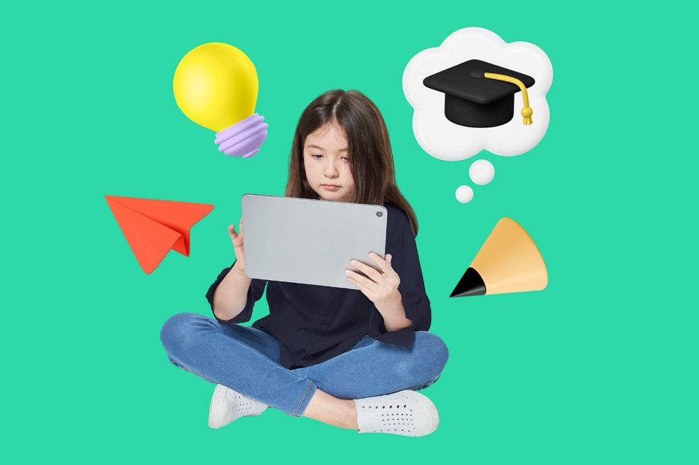 Girl using tablet, editable 3D education remix design