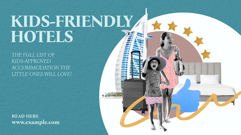 Kids-friendly hotels blog banner template, editable collage remix