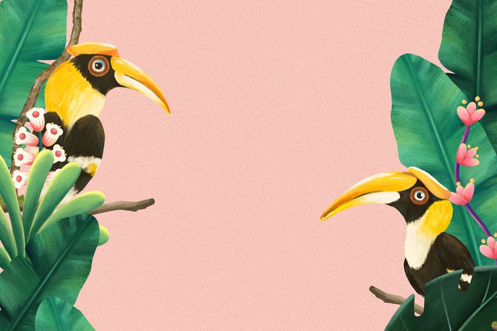 Tropical background, editable hand-drawn hornbill border