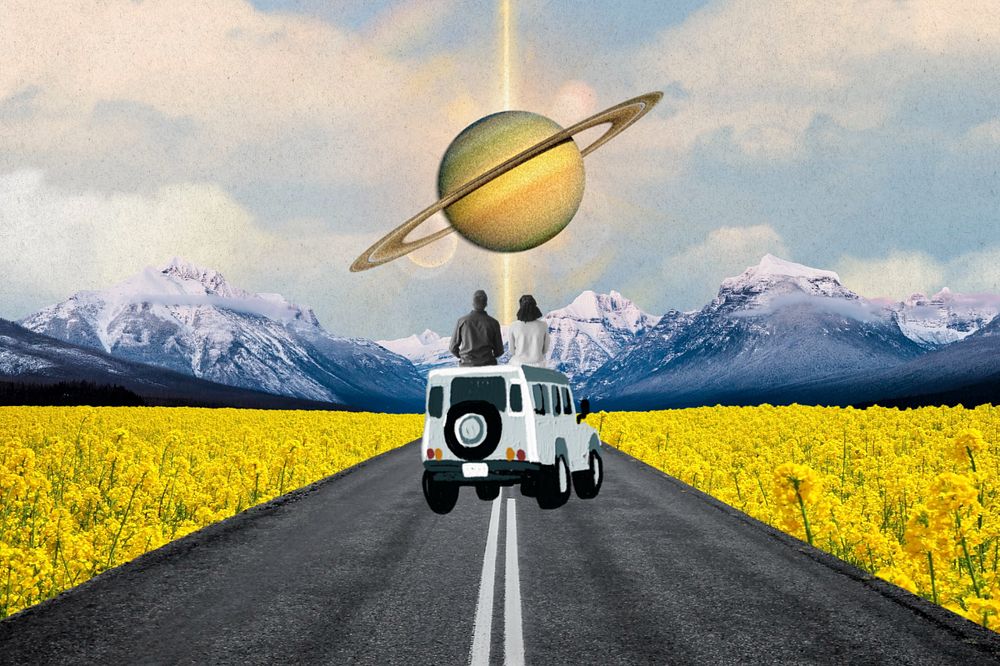 Aesthetic travel background, road trip & Saturn design