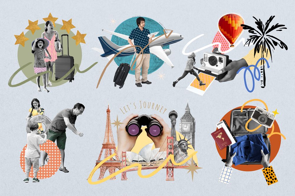 Editable travel lifestyle collage element set