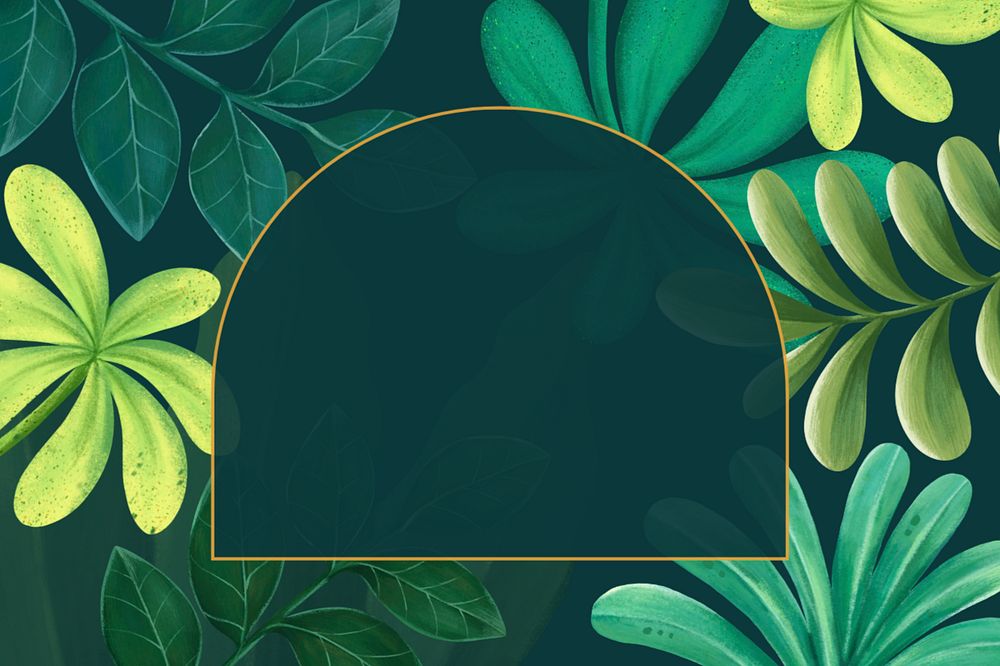 Editable gold frame, hand-drawn green leaves, nature remix