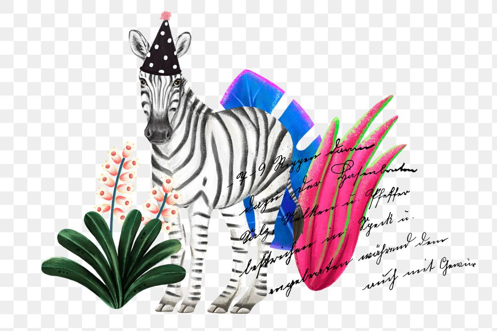 Customizable hand-drawn zebra with party hat sticker, wildlife element remix