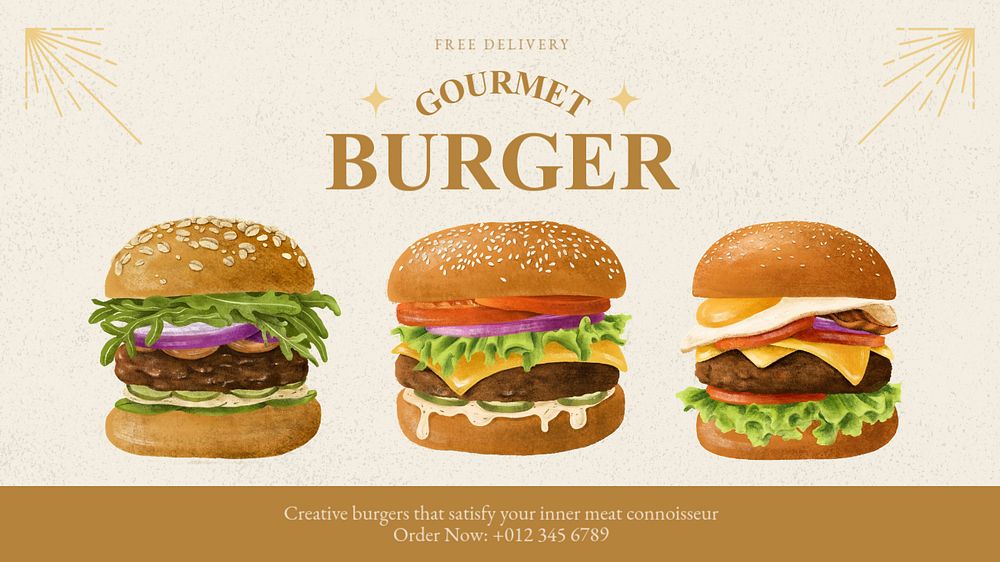 Gourmet burger YouTube thumbnail template, editable design