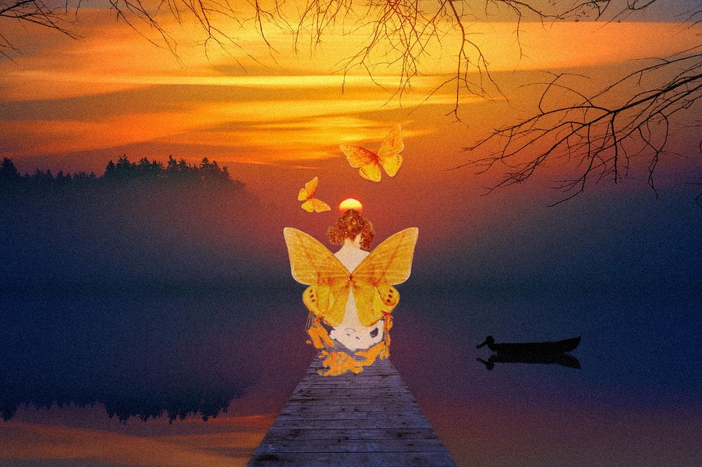 Sunset butterfly background, spiritual design