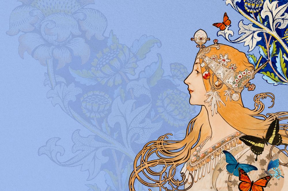 Alphonse Mucha's Zodiac background, vintage woman, remixed by rawpixel, editable design