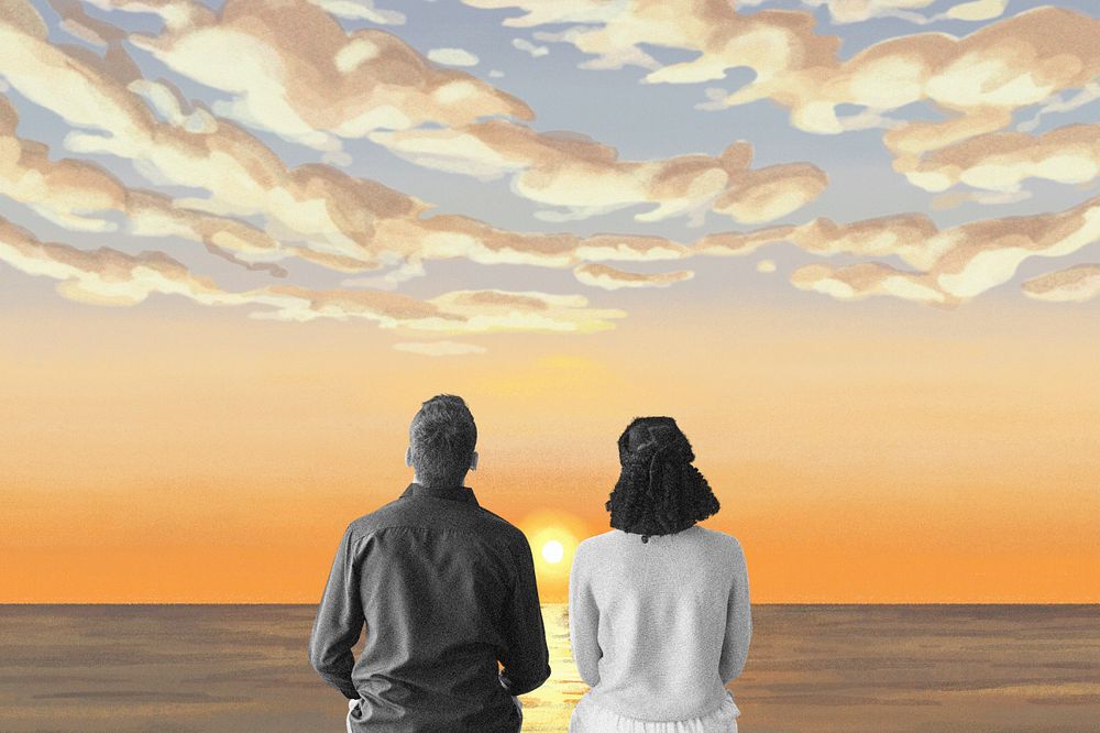 Aesthetic beach couple background, sunset design