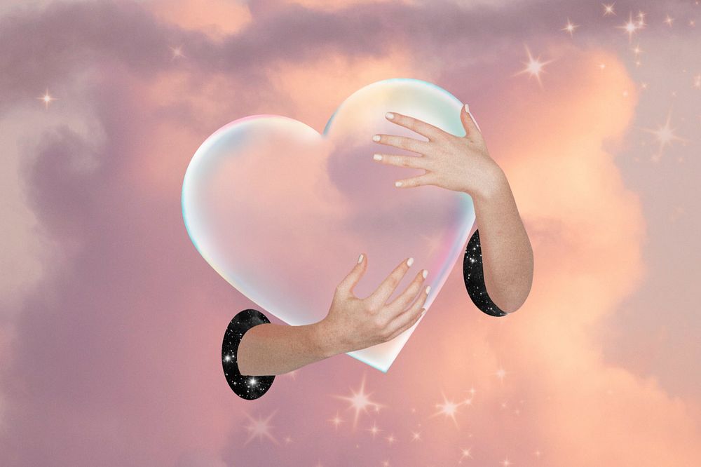 Dreamy sky background, hands holding heart design