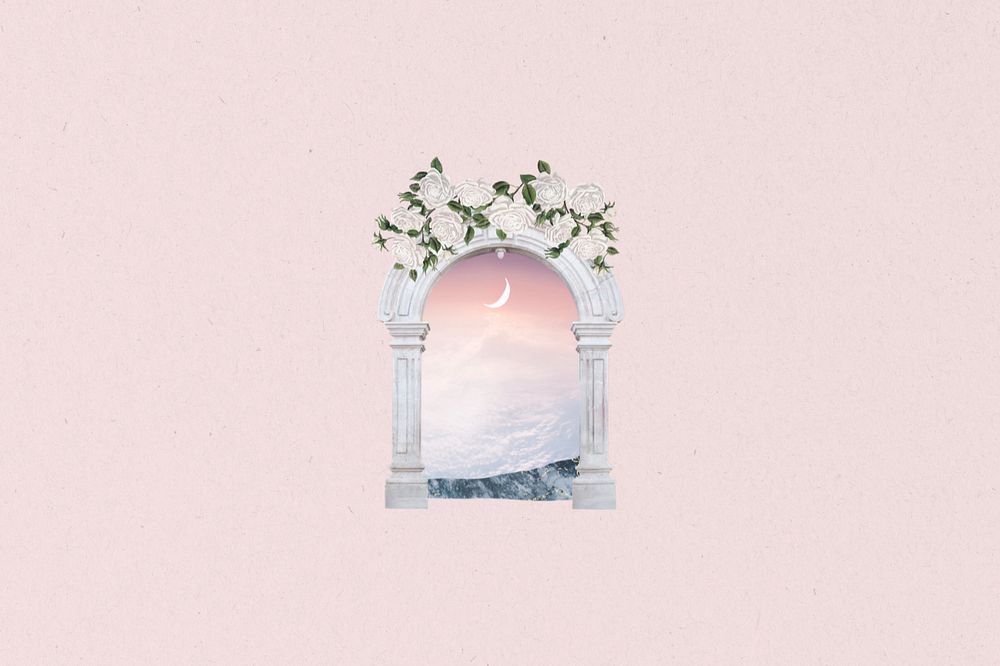 Aesthetic pink sky background, arch door