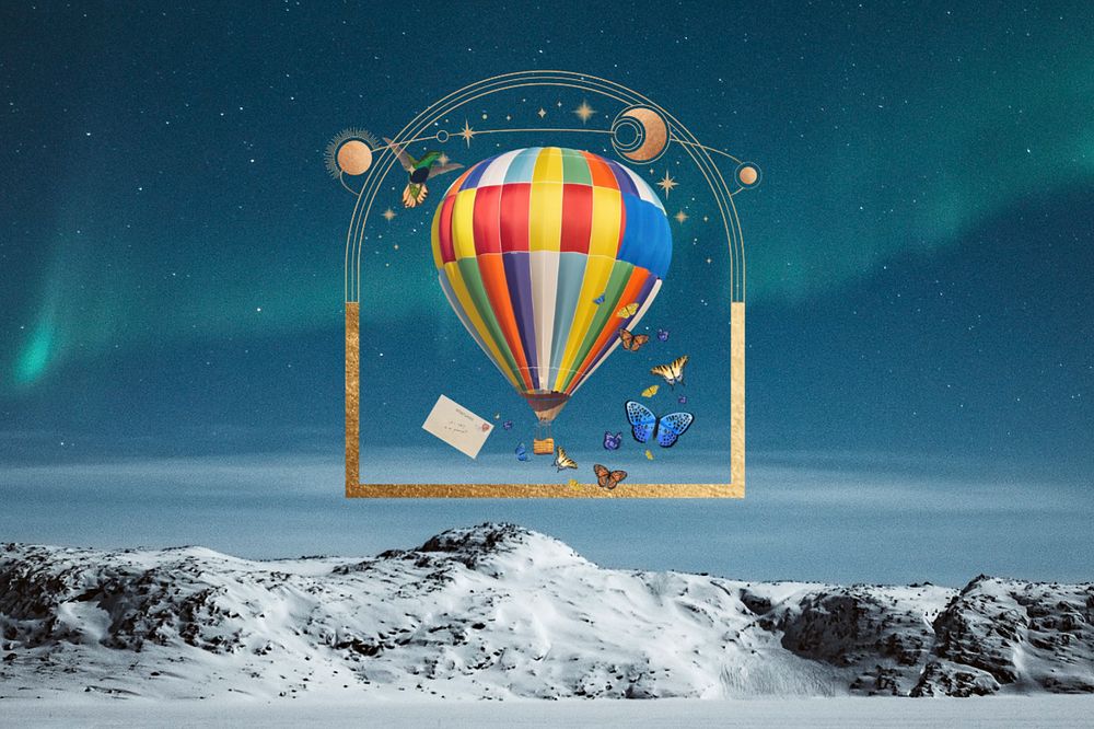 Aesthetic travel dark background, hot air balloon design