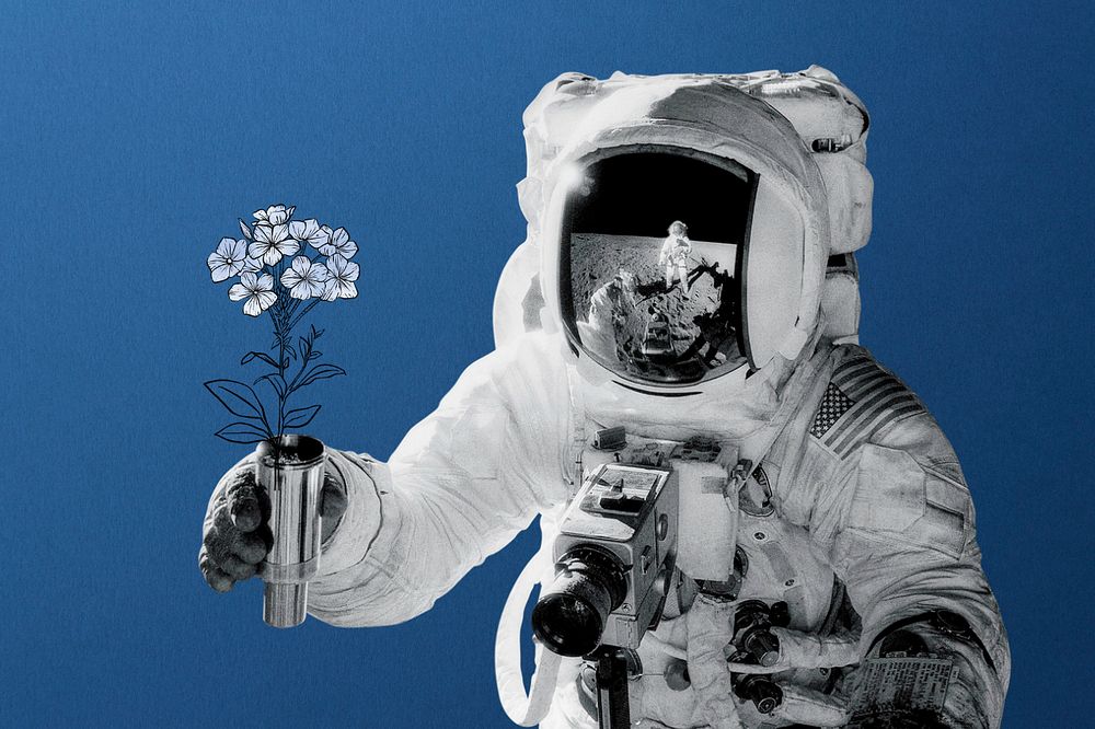 Aesthetic astronaut blue background, flower design