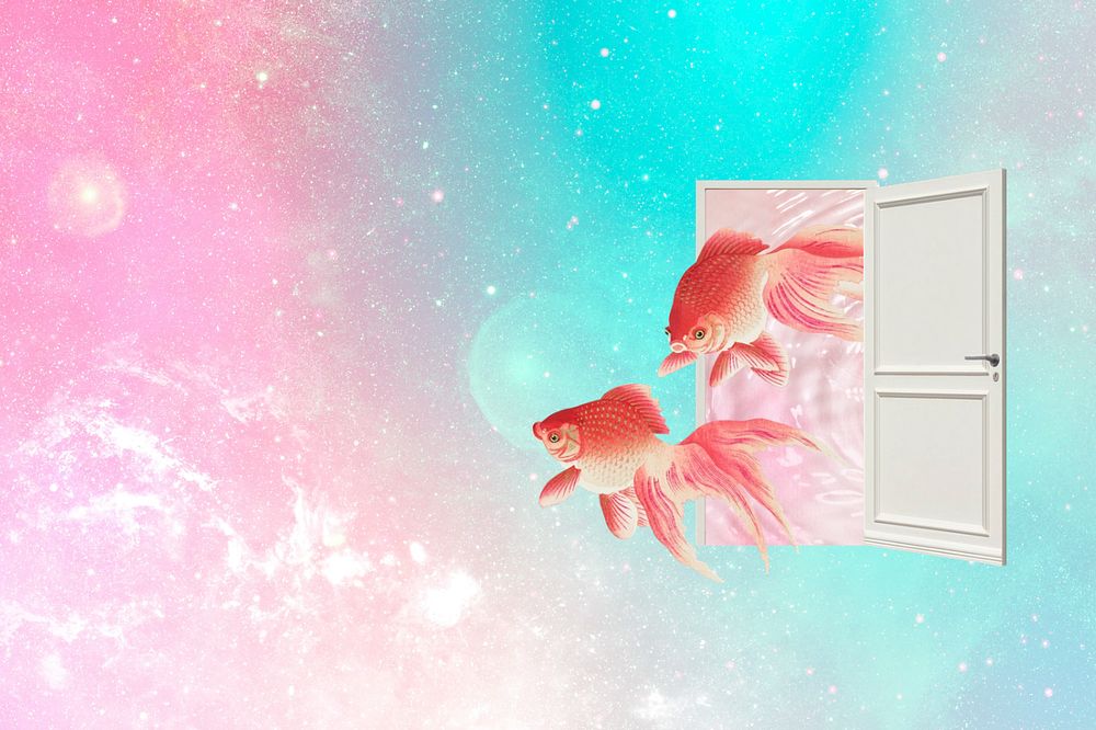 Dreamy goldfish background, surreal pink galaxy