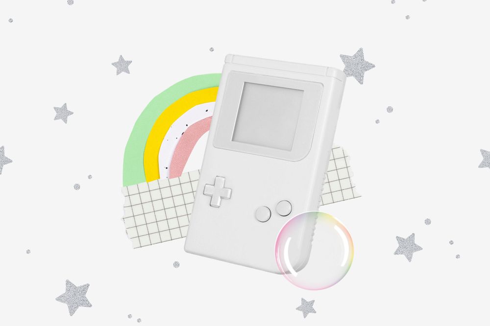 Aesthetic retro white background, handheld game console design