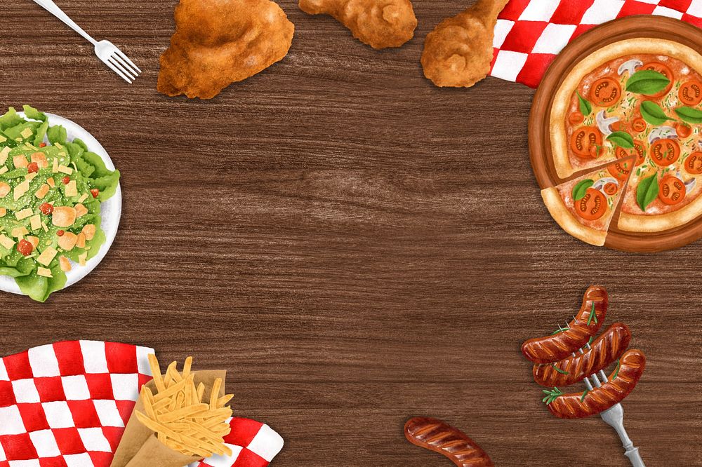 American food frame background, wooden table, editable design