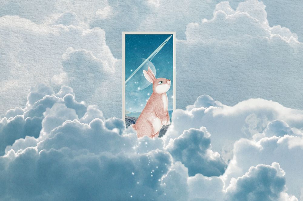 Surreal rabbit sky background, dreamy remix