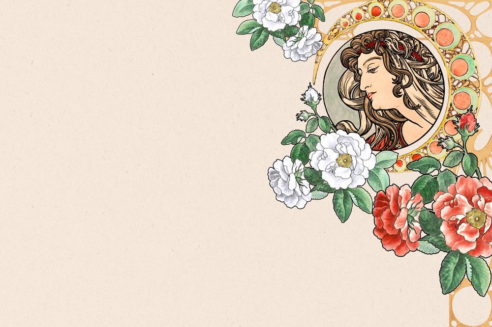 Vintage woman border background, Alphonse Mucha's famous artwork, remixed by rawpixel, editable design