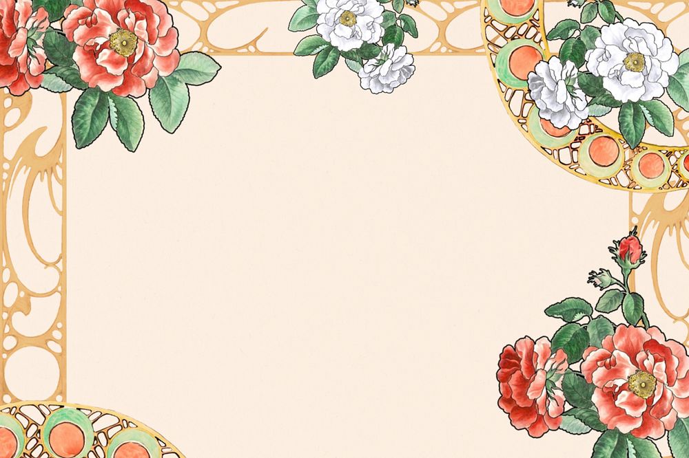 Beige background, editable roses frame drawing design, remixed by rawpixel