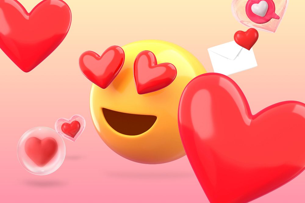 3D heart-eyes emoticon, fall in love illustration