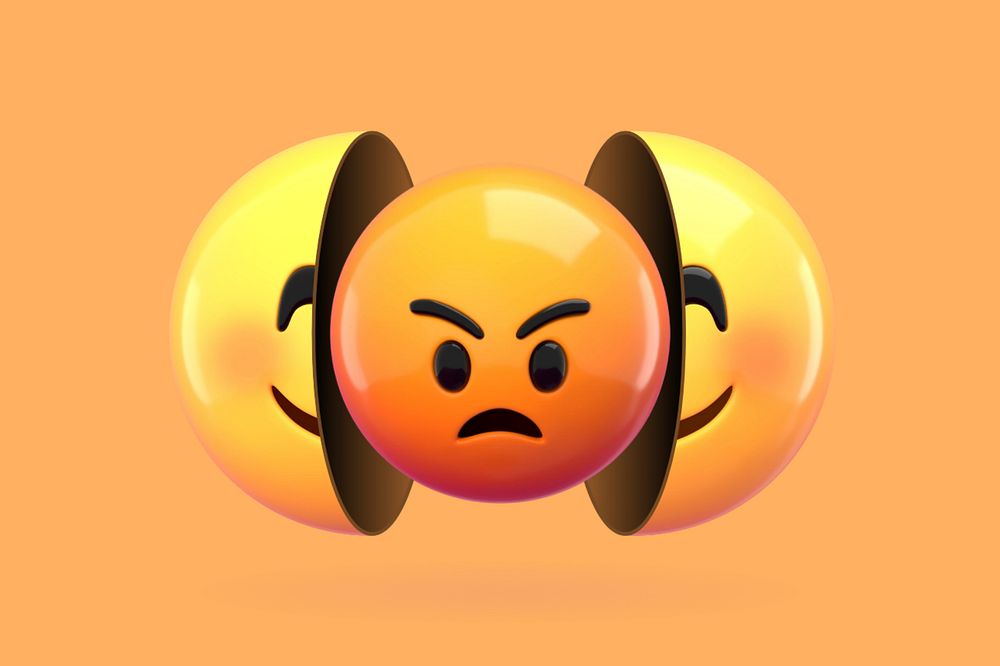 Angry emoticon background, hiding behind smiling face, editable design