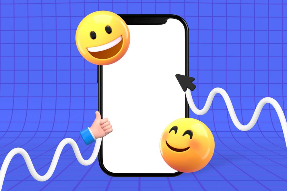 Blank phone screen, smiling emoticons on grid background, editable design