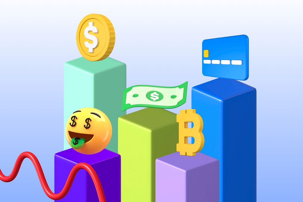 Growing revenue emoticons, 3D business graphics, editable design