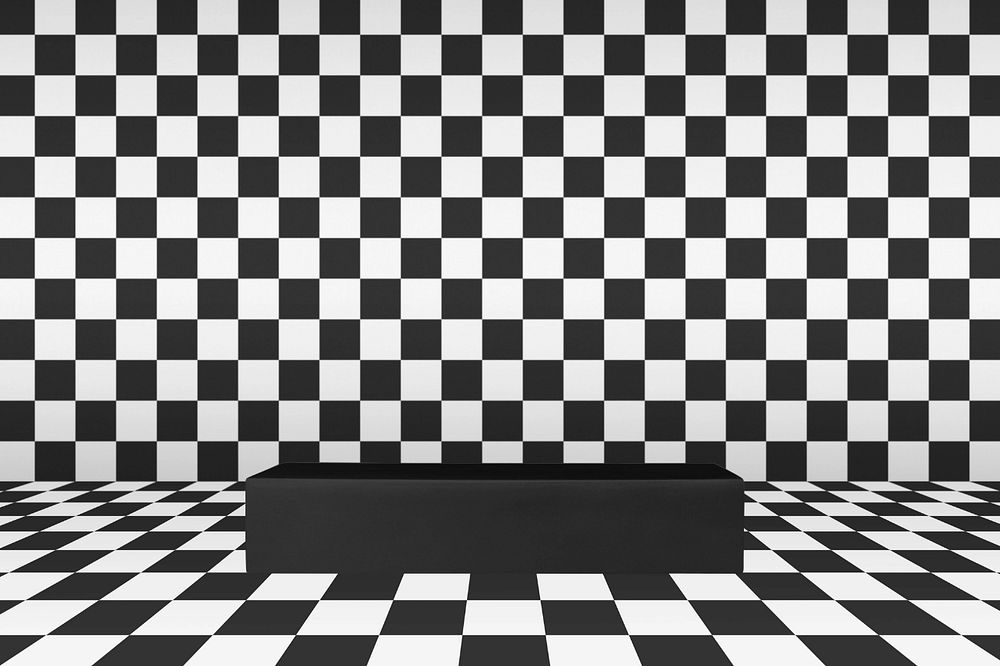 Checkered product backdrop, black stand in 3D editable design