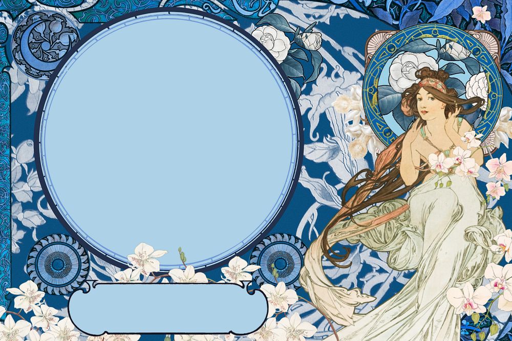 Blue celestial goddess background, editable Alphonse Mucha's famous artwork, remixed by rawpixel