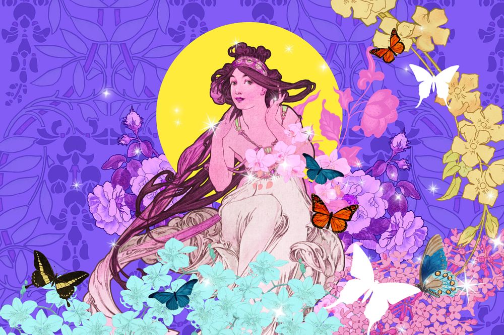 Purple flower goddess background, editable leafy pattern, remixed from the artwork of Alphonse Mucha