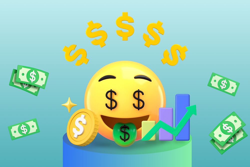 Money-mouth face 3D emoticon, growing revenue business graphic, editable design