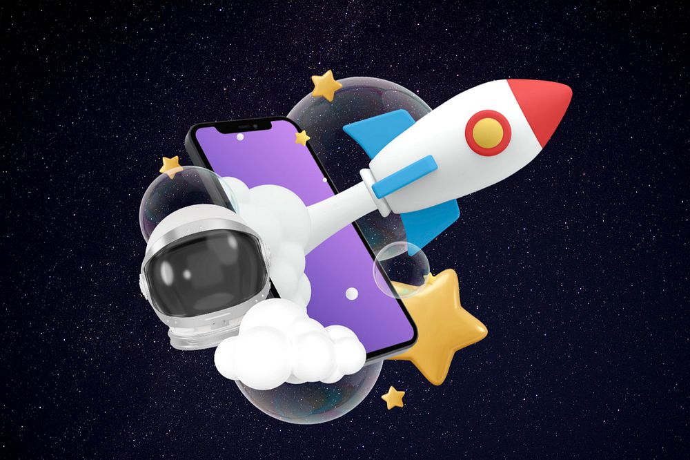 Rocket launching out of phone, 3D space travel remix, editable design