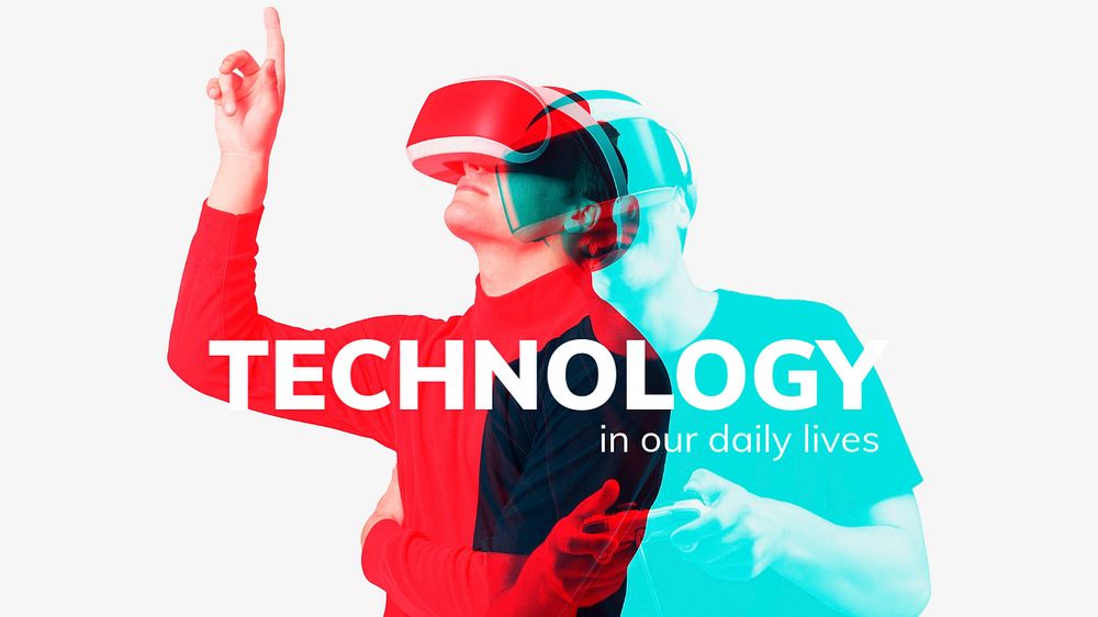 VR technology blog banner template, editable double color exposure effect