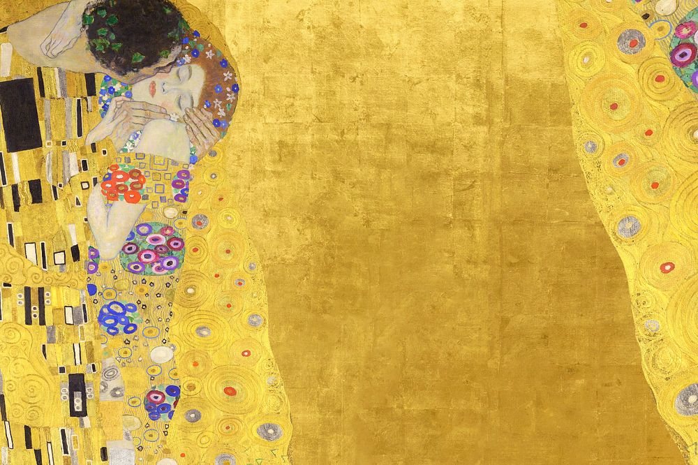 Klimt's The Kiss background, vintage yellow, remixed by rawpixel, editable design