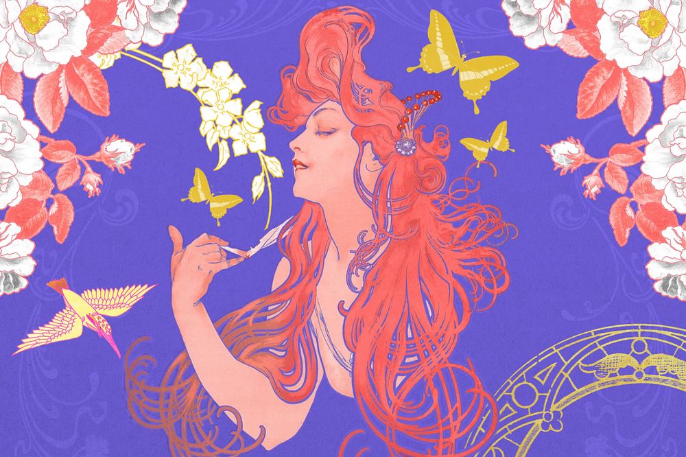 Vintage flower goddess, editable Art Nouveau, remixed from the artwork of Alphonse Mucha