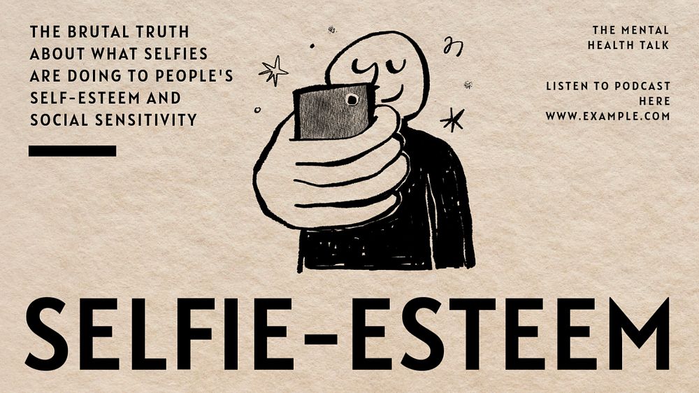 Selfie-esteem doodle PowerPoint presentation template, editable design