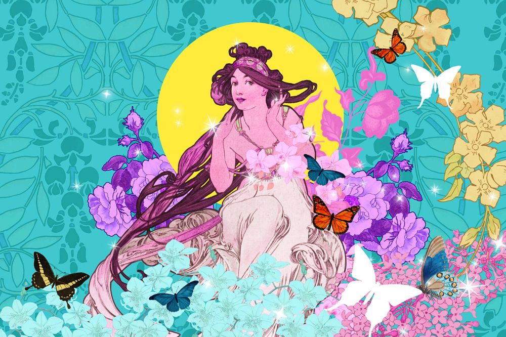 Purple flower goddess background, editable leafy pattern, remixed from the artwork of Alphonse Mucha