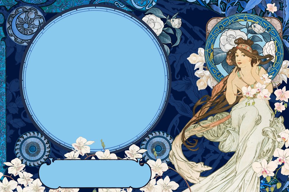 Blue celestial goddess background, editable Alphonse Mucha's famous artwork, remixed by rawpixel