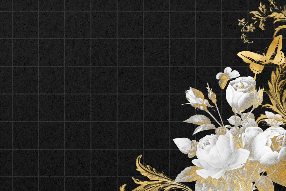 Black grid background, editable rose border, remixed by rawpixel