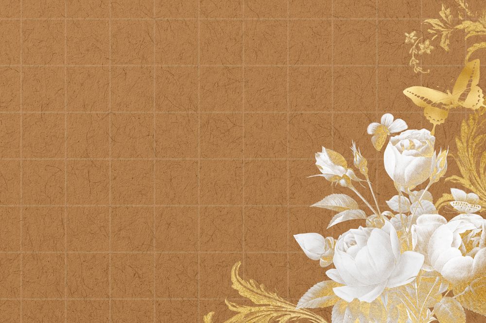 Brown grid background, editable rose border, remixed by rawpixel