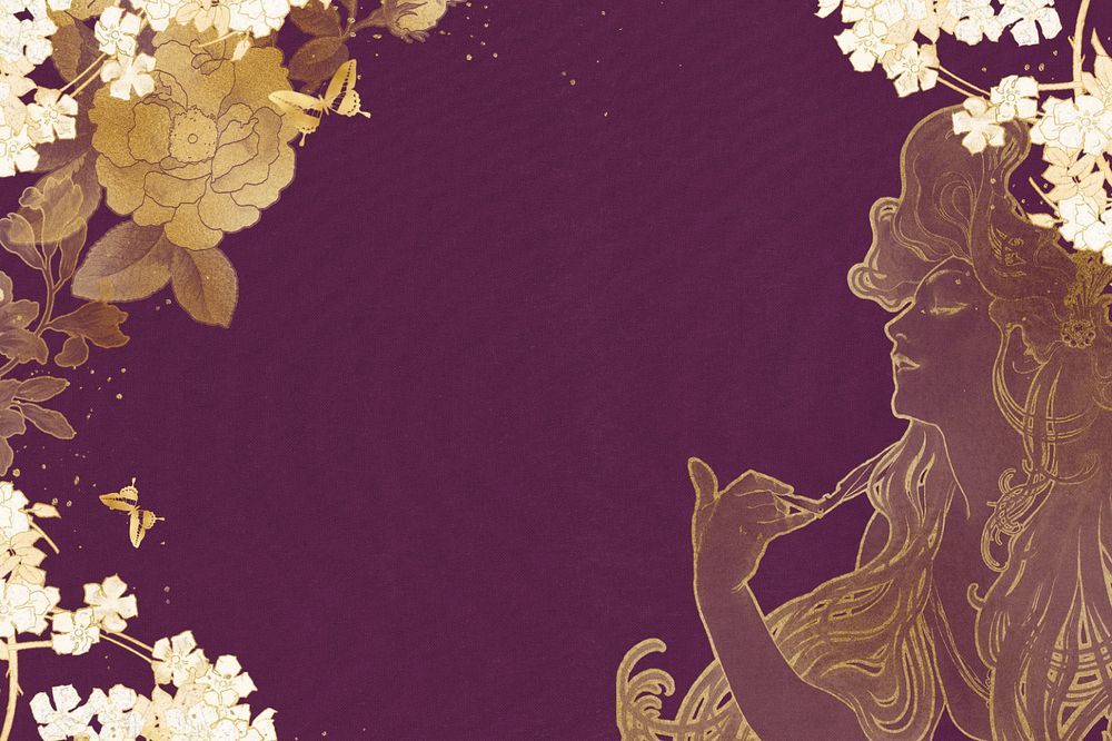 Gold floral frame background, Alphonse Mucha's woman vintage illustration, remixed by rawpixel, editable design