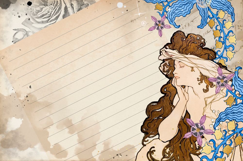 Vintage woman border background, Alphonse Mucha's famous artwork, remixed by rawpixel, editable design