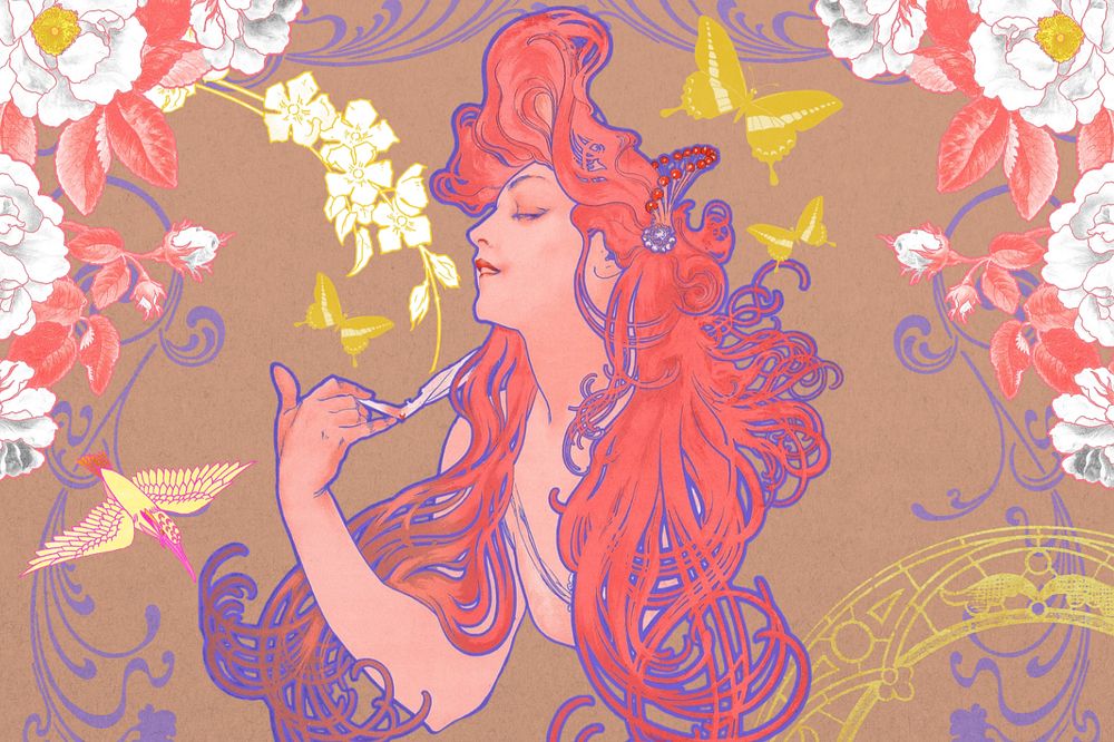 Vintage flower goddess, editable Art Nouveau, remixed from the artwork of Alphonse Mucha